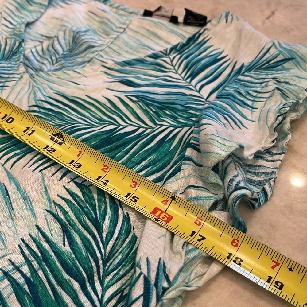 TAHARI | Linen Tropical Flutter Sleeve Shift Dress | Blue & White | Small‎